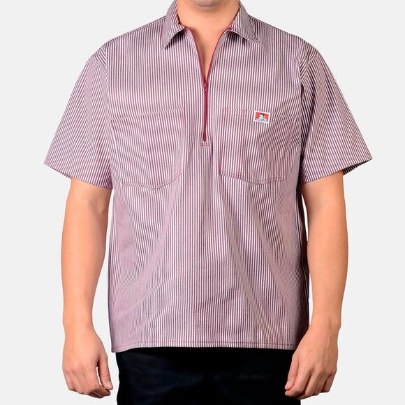 Ben Davis Men's Short Sleeve Shirt 1/2 Zip Cotton Blend 2 Front Pockets Burgundy - Picture 1 of 2